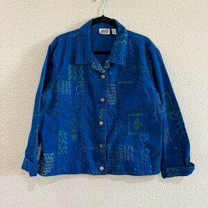 Chico's Design Blue Painted Design Cotton Button-Up Jacket Women Size 3